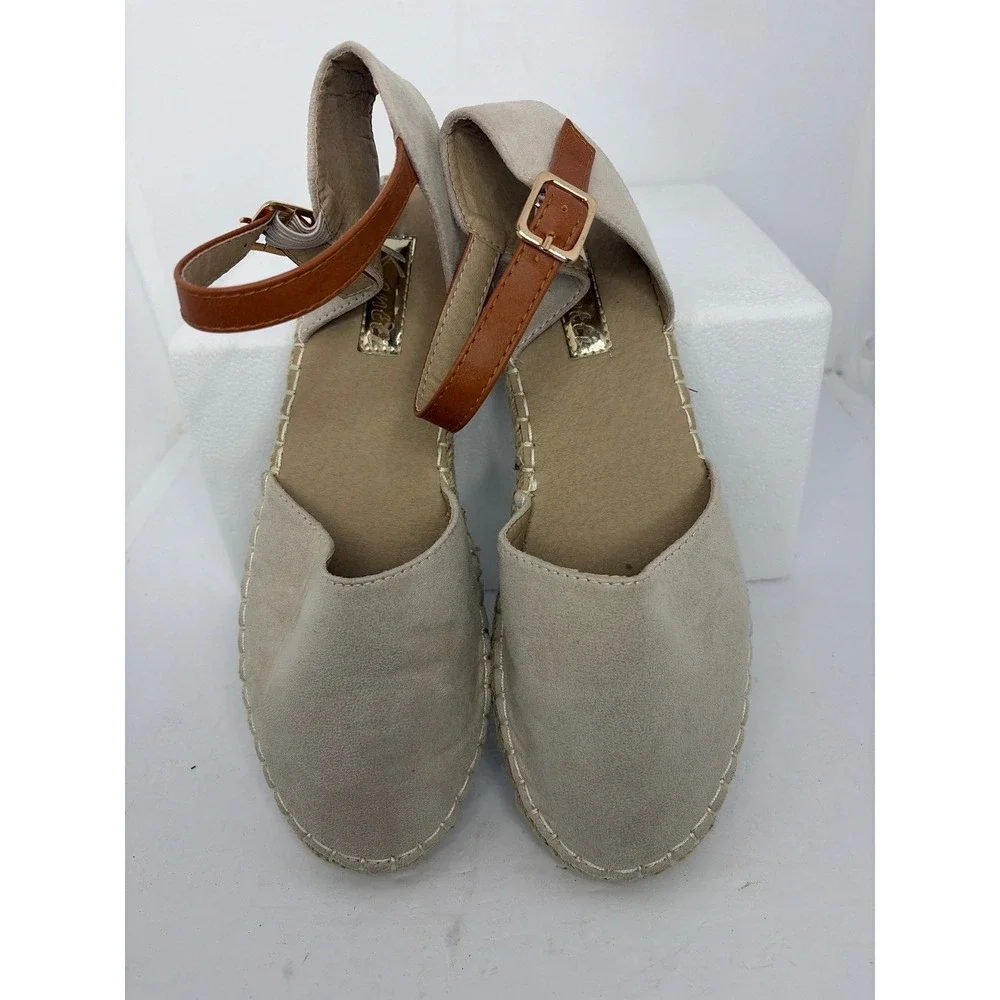 Kenee Tan Faux‎ Suede Espadrille Flats Ankle Strap Sandals Size 40